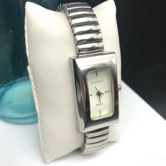Vintage Via Accenti Ladies White Dial Flex Band Rectangle Quartz Watch - Picture 2 of 6